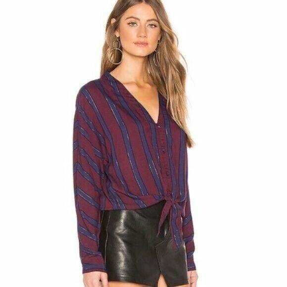 Rails Sloane Blouse in Janeiro Stripe Burgundy Navy Metallic V Neck XS - Picture 2 of 10